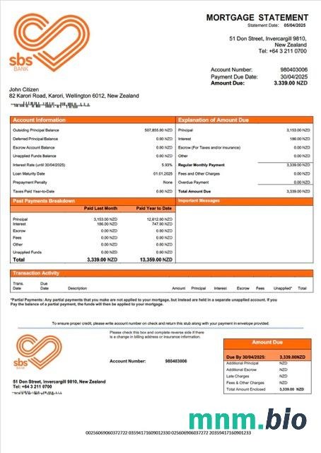 Nowa Zelandia SBS Bank wyciąg z kredytu hipotecznego szablon Word i PDF